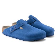 Boston Suede Leather Slip-on Suede Mules With Cork-bed Midsoles, Blue Leather Clogs With Leather Footbed, Suede Mules With Cork-bed Midsoles, Comfortable Blue Leather Clogs, Cork Clogs With Removable Insole, Slip-on, Casual Suede Mules With Cork-bed Midsoles, Casual Suede Clogs With Leather Footbed, Casual Suede Clogs With Textured Footbed, Blue Slip-on Clogs With Cork-bed Midsoles