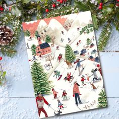 a christmas card with an image of people skiing in the snow and evergreens around it