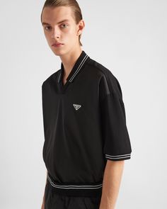 Short sleeve Ribbed collar with stripes Straight hem Ribbed sleeve trim with stripes Enameled metal triangle logo Length: 74 cm, Size: M Prada Collection, Pique Polo Shirt, Triangle Logo, Geometric Patterns, Polo Shirts, Prada, Polo Shirt, Quick Saves