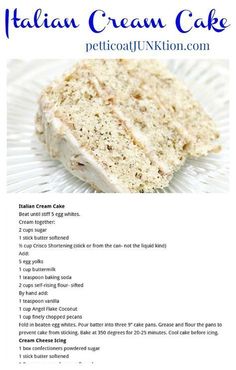 a recipe for italian cream cake on a plate