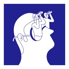 a man looking through binoculars into the distance with his head in silhouette, against a blue background