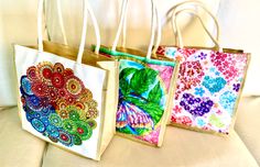 Cute tote bags designed with diamond art beads for gifting or everyday use. This is a finished product. Hand Painted Green Bags For Gift, Green Hand Painted Bags For Gift, Green Hand-painted Bag As Gift, Gifts For Him Christmas, Bling Gifts, Bridesmaid Tote Bags, Handpainted Bags, Burlap Bags, Painted Tote