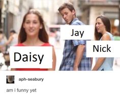 two people standing next to each other in front of a sign that says daisy and jay nick