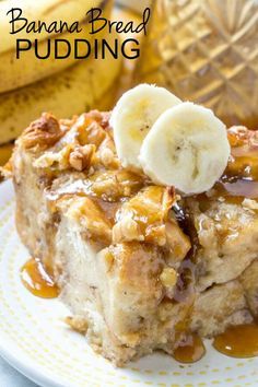 banana bread pudding on a white plate with bananas in the background and text overlay