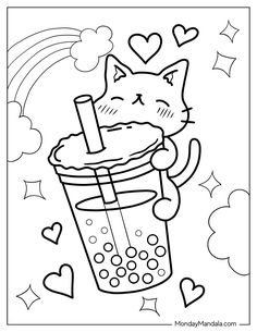 a coloring page with a cat drinking from a cup and rainbows in the background