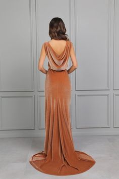 Cowl Back Camel Velvet Maxi Bodycon Dress /high Boat Neckline | Etsy Luxury Lined Elegant Evening Dress, Luxury Evening Bodycon Maxi Dress, Boat Neckline Dress, Velvet Dress Maxi, Cowl Back Dress, Velvet Bridesmaid Dresses, Velvet Dresses, Dress Velvet, Dress Mermaid