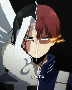 two anime characters one with red hair and the other with black hair, are facing each other