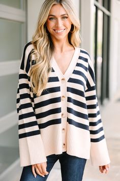 Looking Out Natural Striped Cardigan – Shop the Mint Cardigan With Buttons, Long Bell Sleeves, Floral Cocktail Dress, Black Tie Dress, Long Sleeve Outerwear, Cute Spring Outfits, Two Piece Swimwear, Friend Outfits, Casual Work Outfits