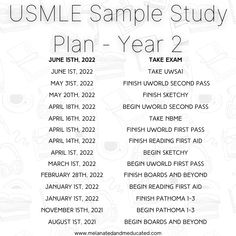 the usmle sample study plan - year 2 is shown in black and white