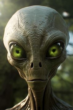 an alien with green eyes stares into the camera