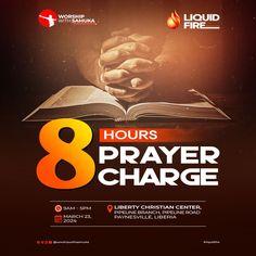 a poster for the 8 hour prayer with hands on an open book and fire in the background