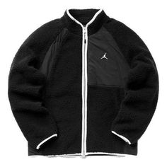 Air Jordan Essentials Full-Zip Winter Fleece Jacket 'Black White' DV15 Black Sports Windbreaker With Zipper, Black Fleece-lined Hooded Jacket For Outdoor Activities, Sporty Windproof Fleece Jacket For Streetwear, Black Fleece Track Jacket For Outdoor, Winter Fleece Windproof Track Jacket, Black Track Jacket With Fleece Lining For Cold Weather, Black Fleece Hooded Jacket With Pockets, Sporty Fleece Jacket With Zipper Closure, Black Fleece Jacket With Zipper For Cold Weather