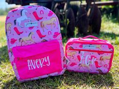 "These bags are so much fun and full of vibrant colors!  They have a pocket on each side and a pocket on the inside!  The book bag is 11\" L X 5.5\" W X 16\" H and the lunch box is 10\" L X 3\" W X 7.5\" H Please make sure to include the following on the checkout page: 1. Monogrammed name (including capitalization) or Initials(first name, last name, middle name) 2. Please leave font and thread color in the notes to seller. ONLY INITIAL CAN FIT ON LUNCH BOX! If you have questions, please feel free to contact us! If you are out of the US we will work with you about the shipping prices. Please message us with any questions." Horse Backpack, Jersey Cow, Monogram Backpack, Personalized Backpack, Horse Print, Book Bag, Girls Bags, Printed Bags, Her. Book