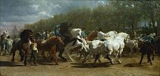 a painting of horses being led by men