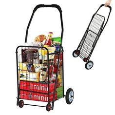 a shopping cart filled with lots of food and drinks next to a hand truck full of groceries