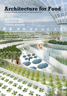 the cover of architecture for food, featuring an image of people and plants in a greenhouse