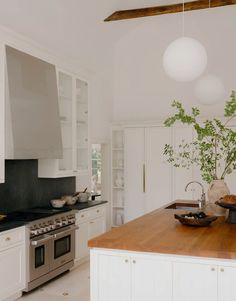 a kitchen with white cabinets and wood counter tops, an island in the middle has a potted plant on it