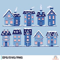 a set of cartoon houses with christmas lights and garlands on the roof, surrounded by snow