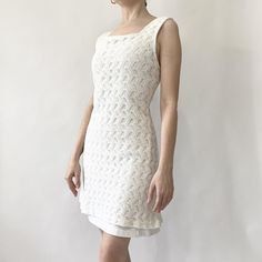 Vintage 1990s White Crochet Mod Mini Dress Details: 90s Does 60s! This Pull-On Mod Style Babydoll Mini Features A Crochet Overlay With A Square Neckline. Model Is Under 5, So This Dress Will Come Up Shorter On Someone With A Taller Stature. Brand: Evolution Tag Size: Medium (Can Fit A Small) Measurements: 30" Pit To Pit, 26 Waist With Stretch Room Condition: Great * Note That This Is A Second Hand, Vintage Piece And Not Brand New, So Therefore May Have Minor Imperfections And Is To Be Expected W Fitted Retro Crochet Dress For Spring, Fitted Sleeveless Retro Crochet Dress, Retro Fitted Sleeveless Crochet Dress, Vintage Fitted Crochet Dress For Spring, Vintage Sleeveless Crochet Dress, Vintage Sleeveless Crochet Dress For Spring, Fitted Vintage Lace Crochet Dress, White Fitted Vintage Crochet Dress, Mod Mini Dress