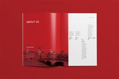 an open brochure with the words about us in red and white on it