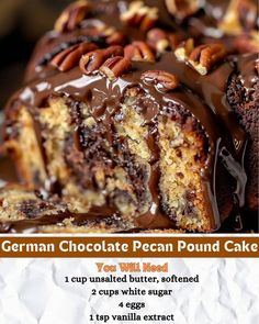 a cake with chocolate frosting and pecans on top is cut in half to show the inside