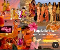 the collage shows several different pictures of women in orange and yellow outfits, including one woman