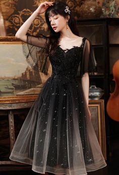 Black Short Prom Dresses, Satin Sleeves, Black Prom Dress Short, Lace Party Dress, Short Prom Dresses, 파티 드레스, Lace Party Dresses, Black Dress Formal, Black Tulle