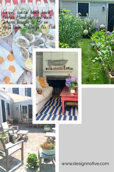 a collage of pictures with various things in it including flowers, plants and patio furniture