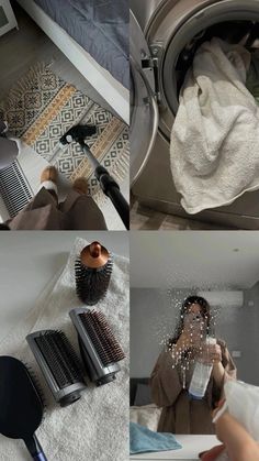 four different pictures show the process of washing clothes in a washer and drying it