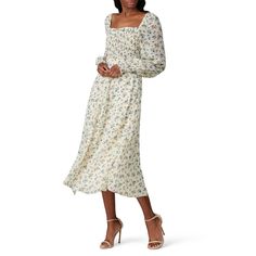 Cream floral chiffon (100% Polyester). Hourglass. Long sleeve. Square neckline. Zipper. Partially lined. 50" from shoulder to hemline. Imported. Rent Dresses, Black Floral Maxi Dress, Tie Maxi Dress, Tent Dress, Holiday Party Dresses, Column Dress, Silky Dress, Rent The Runway, Dress The Population