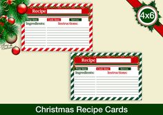 two christmas recipe cards with ornaments on them