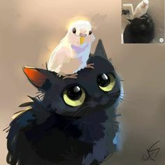 a bird sitting on top of a cat's head next to a black cat