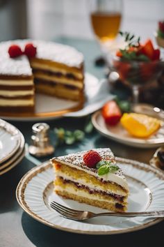 there is a piece of cake on the table with other plates and silverware next to it