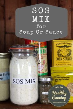 the ingredients for sos mix are displayed on a wooden table with text overlay that reads sos mix for soup or sauce