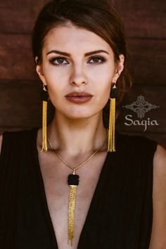 Black And Gold Long Chain Earrings Long Dangle Earring  Lava Earrings Statement Earrings Boho Earrin Nice Rings, Lava Earrings, Tassel Necklace Boho, Gold Tassel Earrings, Gold Tassel Necklace, Long Chain Earrings, Bohemian Jewellery, Gold Statement Earrings, Tassel Jewelry