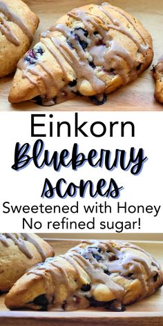 2 Close-ups of einkorn blueberry scones with a honey cardamom glaze. Text over image einkorn blueberry scones sweetened with honey no refined sugar! Einkorn Flour Scones, Einkorn Blueberry Muffins, Baking With Honey Instead Of Sugar, Honey Glaze Sauce, Einkorn Biscuits, Kamut Recipes, Einkorn Cookies, Nom Nums, Glaze Sauce
