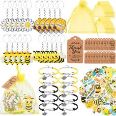 the contents of a bee themed party include tags, stickers, and key chains