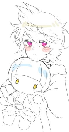 a drawing of a girl with red eyes holding a stuffed animal in her hands and looking at the camera