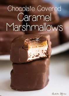 chocolate covered caramel marshmallows stacked on top of each other with text overlay