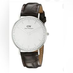 Daniel Wellington Stainless Steel Watch Leather Strap Classic Watch With Leather Strap, Classic Round Watch With Leather Strap, Classic White Leather Watch Bands, Classic Watch Accessories With Leather Strap For Work, Classic White Leather Watch Accessories, Classic Watch Accessory With Leather Strap, White Leather Strap Watch For Business, White Leather Strap Business Watch, Classic White Watch With Leather Strap