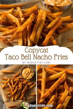 copycat taco bell nacho fries is shown in three different pictures, with the same side dish