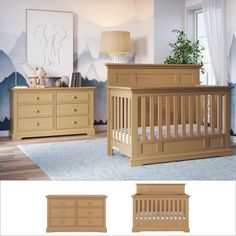 an image of a baby crib and dressers in the living room with mountains on the wall