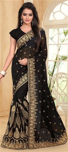 723782 Black and Grey color family Embroidered Sarees, Party Wear Sarees in Faux Georgette fabric with Border, Machine Embroidery, Thread, Zari work with matching unstitched blouse. Saree In Black, Designer Sarees Online Shopping, Reception Saree, Pure Georgette Sarees, Indian Sari Dress, Lehenga Style, Designer Sarees Online, Casual Saree, Black Saree