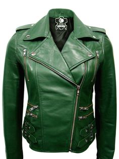 a green leather jacket with zippers on the shoulders