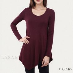 Lasaky - Long-sleeved shirt with irregular hem and open neckline design Casual Denim Outfits, Sleeve Stencil, Winter Date Night Outfits, Clothes For Pregnant Women, Womens Dress Suits, Neckline Designs, Irregular Hem, Collar Designs, Long Sleeve Tunic