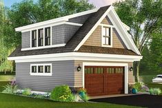 a two car garage with an attached porch and dormer on the second floor is shown in this rendering