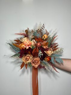 We are a Full Service Florist 💐 That means that we can make and customize anything!💕 Every single item in your order will be matched to the same style as the Bridal Bouquet on the photo, unless you ask otherwise.🥰 You can customize any item (size, color, flowers, accents) or we can make items that are not even listed For example you can request groom's boutonniere to stand out from the rest of them 🤗 We will be sending you photos of all the items for confirmation! Nothing gets shipped unless Wedding Bouquet Terracotta, Burnt Orange Bouquet, October Bouquet, Fall Eucalyptus, Orange Wedding Bouquet, Orange Bouquet, Grass Artificial, Aisle Markers, Orange Bouquets