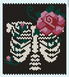 a cross stitch pattern with a pink rose on top of the image is made up of black and white squares