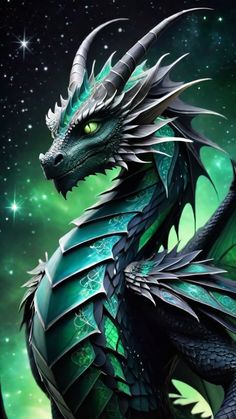 a green and black dragon sitting on top of a lush green field with stars in the background