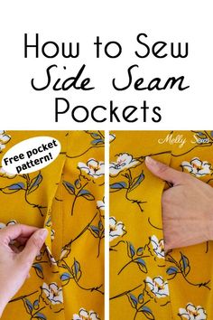 how to sew side seam pockets on a yellow floral dress with text overlay